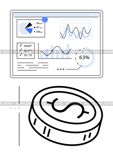 Computer screen displaying financial graphs, pie charts, progress indicators, and checklists above a dollar coin. Ideal for finance, data analysis, business strategy, financial planning, reporting. Financial Dashboard with Graphs, Charts, and Dollar Coin Showcasing Analytical Data. Стоковая иллюстрация, агентство Ingram Publishing / Фотобанк Лори