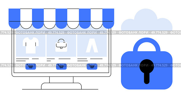 Computer screen displays online shop with shopping cart icons and clothes. Padlock and cloud icon emphasize security and data protection. Ideal for ecommerce, security, cloud services, online. Online Shopping Security With Secure Payment Solutions and Cloud Services. Стоковая иллюстрация, агентство Ingram Publishing / Фотобанк Лори