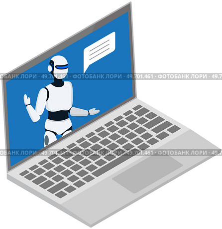 Computer user talks to robot in smartphone chat. Person having consultation with assistant. Chatting bot helping human with working tasks. Cyberspace and innovations concept. Communication with bot. Computer user talks to robot in smartphone chat. Person having consultation with robot. Chatting bot. Стоковая иллюстрация, агентство Ingram Publishing / Фотобанк Лори