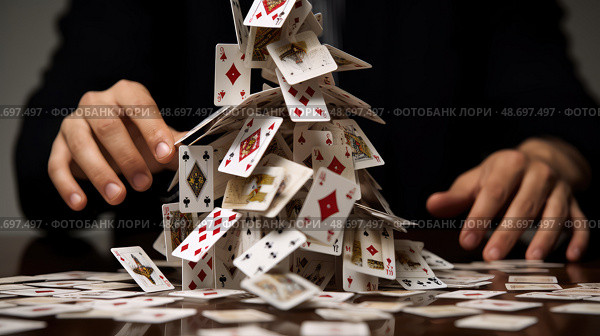 concentration house of playing cards ai generated. Стоковое AI-изображение, AI-художник Vectorwin / Фотобанк Лори