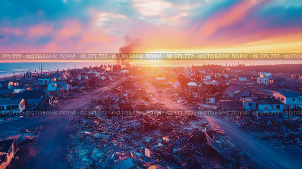 Concept: Coastal disaster; A town ravaged by an event at sunset. Стоковое AI-изображение, AI-художник Данила Большаков / Фотобанк Лори