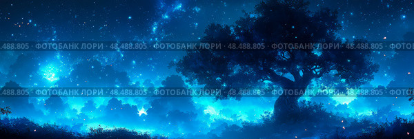 Concept: Enchanted forest at twilight: a serene nightly scene with a majestic tree against a starlit sky, a dreamlike nature scene for print, card, poster. Стоковое AI-изображение, AI-художник Данила Большаков / Фотобанк Лори