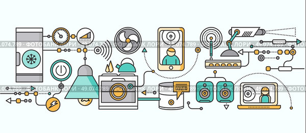 Concept of smart home and control device. Technology device, system mobile automation monitoring energy power electricity efficiency, equipment temperature, remote thermostat. Smart house illustration. Стоковая иллюстрация, агентство Ingram Publishing / Фотобанк Лори