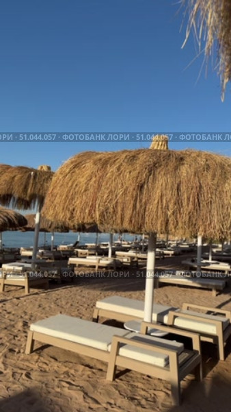 Concept of travel, seascape and nature tropical beach with palm tree and two sun loungers wooden sun loungers on the sea Welcoming beach cafe with straw parasols.Breezy summer day under straw sun umbrellas and beachfront view on Azure restaurant with straw umbrellas. Стоковое видео, видеограф Zita Khasanova / Фотобанк Лори