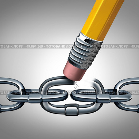 Concept of weakness and broken chain as a business symbol with metal links and a pencil eraser erasing a key connection as a metaphor for disconnecting or divorce with 3D Illustration elements. Стоковое фото, агентство Ingram Publishing / Фотобанк Лори
