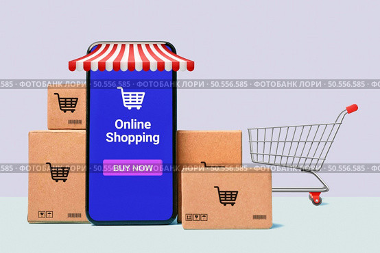 Concept online Sopping. boxes and shopping bag with Smartphone Online Shopping screen. Стоковое фото, агентство Ingram Publishing / Фотобанк Лори