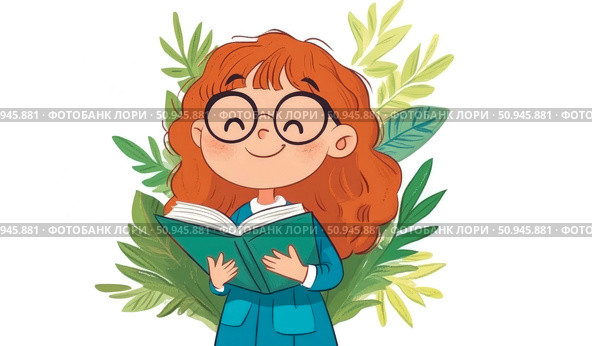 Concept: Scholastic curiosity, illustration of a smiling red-haired student reading a book amidst foliage. Стоковое AI-изображение, AI-художник Данила Большаков / Фотобанк Лори