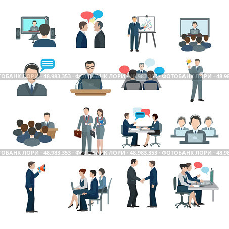 Conference icons flat set with business people workgroup communication isolated vector illustration. Conference Icons Flat. Стоковая иллюстрация, агентство Ingram Publishing / Фотобанк Лори
