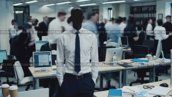 Confident businessman standing amid busy office, embodying professional leadership and calm composure while surrounded by dynamic workplace activity. Стоковое AI-видео, аниматор Данил Руденко / Фотобанк Лори