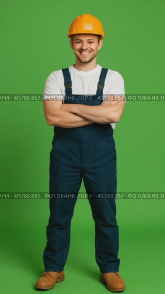Confident construction worker in overalls: expressions on green screen background. Стоковое AI-видео, аниматор Владимир Федоров / Фотобанк Лори