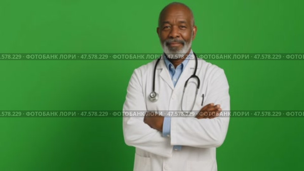 Confident elderly doctor in white coat with stethoscope on green screen. Стоковое AI-видео, аниматор Владимир Федоров / Фотобанк Лори