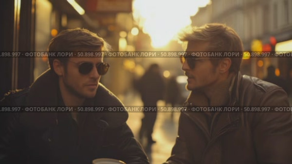 Confident men in leather jackets and shades engage in a deep discussion amidst the golden glow of a city evening. Стоковое AI-видео, аниматор Данила Большаков / Фотобанк Лори