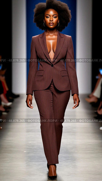Confident model in a pinstripe suit walks down a fashion runway, flaunting bold afro hairstyle. Audience members in the background with blurred details enhance focus on the model. Стоковое AI-изображение, AI-художник Olga Dmitrieva / Фотобанк Лори