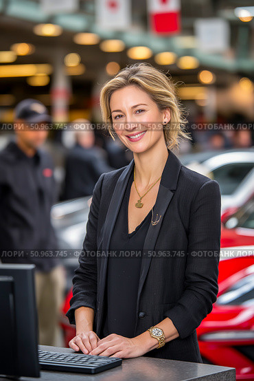 Confident woman in black blazer stands at a computer in an automotive dealership, smiling warmly, with cars and customers in the background, showcasing a welcoming atmosphere. Стоковое AI-изображение, AI-художник Ирина Ручушкина / Фотобанк Лори