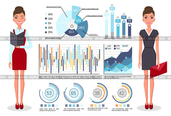 Confident young woman gives a report, serious businesswoman standing near demo poster with performance charts and digital data. Business presentation and project management concept vector illustration. Confident young woman gives a report, businesswoman standing near demo poster with digital data. Стоковая иллюстрация, агентство Ingram Publishing / Фотобанк Лори