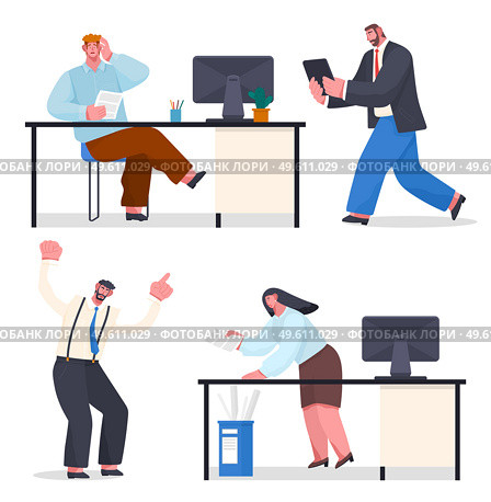 Confused office worker sitting at desk, holding document. Boss with digital tablet going to man. Angry director shouting at woman worker with papers, failure deadline, make mistake. Chaos in office. Confused worker with document, boss with digital tablet, angry boss shouting at woman worker. Стоковая иллюстрация, агентство Ingram Publishing / Фотобанк Лори