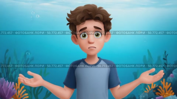 Confused young boy shrugging underwater in front of coral reef. Стоковое AI-видео, аниматор Юрий Поздников / Фотобанк Лори