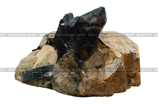 Conglomerate of morion, feldspar and mica crystals isolated on white background. Стоковое фото, фотограф Евгений Харитонов / Фотобанк Лори