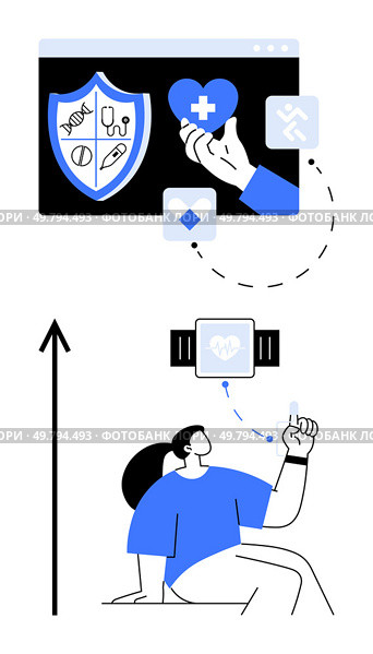 Connected smart devices and health applications illustrate fitness wearables enhancing lifestyle. Ideal for wellness, technology, healthcare, innovation, activity tracking, digital health, future. Digital Health Monitoring Revolution Through Wearables and Fitness Applications. Стоковая иллюстрация, агентство Ingram Publishing / Фотобанк Лори