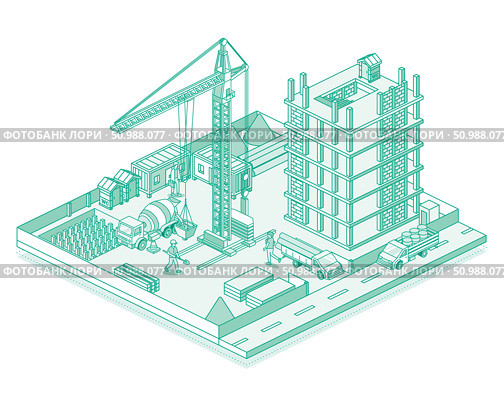 Construction site with crane and skyscraper. Process of building a multi-storey building. Illustration in outline style. Isometric view of a monolithic frame building. Стоковая иллюстрация, иллюстратор Игорь Сорокин / Фотобанк Лори