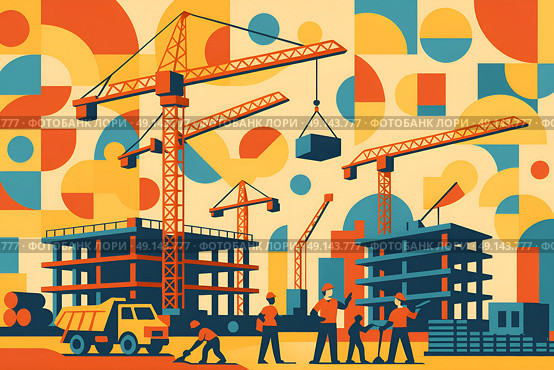 Construction site with cranes and workers - vector flat illustration, on geometric Bauhaus background. Стоковое AI-изображение, AI-художник Iva Noel / Фотобанк Лори
