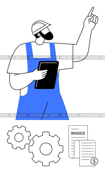 Construction worker pointing up holding a tablet, invoice and gear icons below. Ideal for finance, management, planning, engineering, technical support, digital tools business processes. Line. Construction Worker Holding Tablet Pointing Up with Invoice, Gear Icons Below. Стоковая иллюстрация, агентство Ingram Publishing / Фотобанк Лори