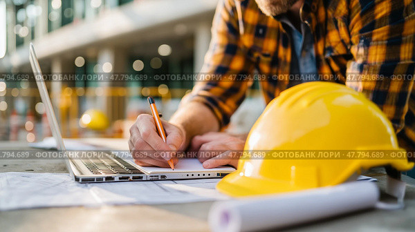 Construction worker reviews plans and takes notes while using a laptop at a job site in a busy urban environment during the day. Стоковое AI-изображение, AI-художник Сергей Толмачёв / Фотобанк Лори