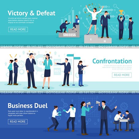 Constructive Business Confrontation Flat Banners Set . Constructive business confrontation principles for profitable result 3 flat horizontal banners webpage design isolated vector illustration . Стоковая иллюстрация, агентство Ingram Publishing / Фотобанк Лори