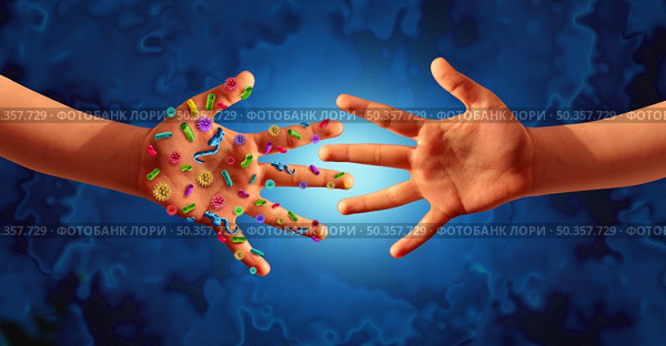 Contagious Disease Transmission and infectious diseases spread as a hygiene concept with hands full of germ virus and bacteria spreading in public as an exposure concept as infected people with 3D illustration elements. Стоковое фото, агентство Ingram Publishing / Фотобанк Лори