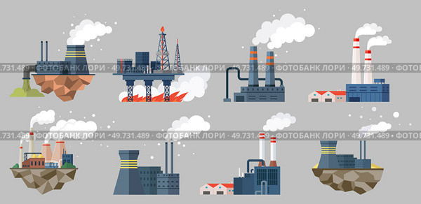 Contamination of air with smoke by factory, plants and industries. Pipes making smog, waste pollution and harm for nature. Atmosphere gas emissions, chemical substances, damage to environment. Contamination of air with smoke by factory, plants and industries. Pipes making smog waste pollution. Стоковая иллюстрация, агентство Ingram Publishing / Фотобанк Лори