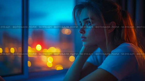 Contemplative woman gazing out window at night, illuminated by city lights, showcasing introspection and solitude. Стоковое AI-изображение, AI-художник Данила Большаков / Фотобанк Лори