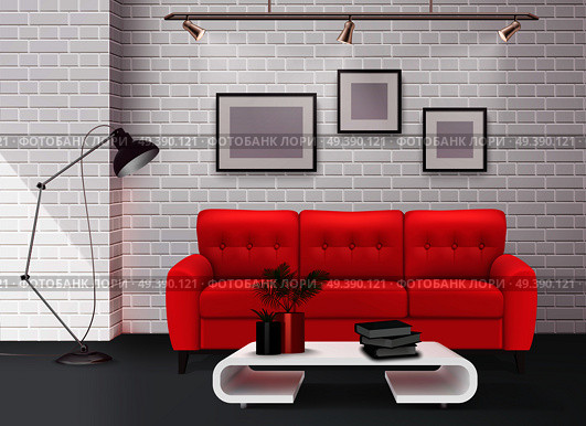 Contemporary simple clean living room interior design detail with stunning leather red sofa accent realistic vector illustration . Interior Realistic Image . Стоковая иллюстрация, агентство Ingram Publishing / Фотобанк Лори