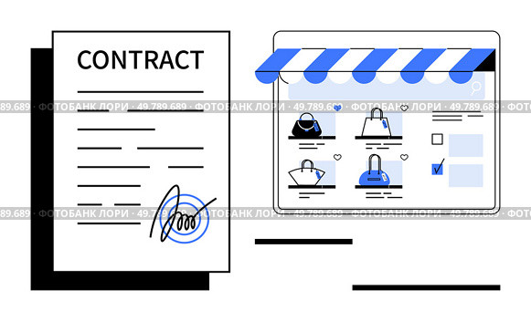Contract document with signature next to online shopping interface with handbag icons. Ideal for e-commerce, online agreements, digital transactions, shopping, contracts, signatures, legal. Contract signing next to online shopping screen displaying various handbags on e-commerce website. Стоковая иллюстрация, агентство Ingram Publishing / Фотобанк Лори