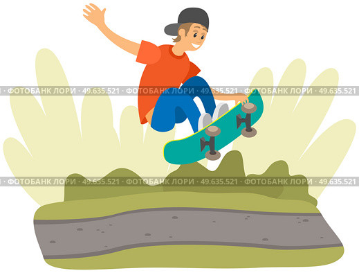 Cool hipster man with skateboard in park. Young man, hoodie, cap, rides transport. Urban citizen doing sports. Modern guy doing tricks with equipment. Male character jumping on skateboard in nature. Male character jumping on skateboard in park. Urban citizen guy doing sports, tricks with equipment. Стоковая иллюстрация, агентство Ingram Publishing / Фотобанк Лори