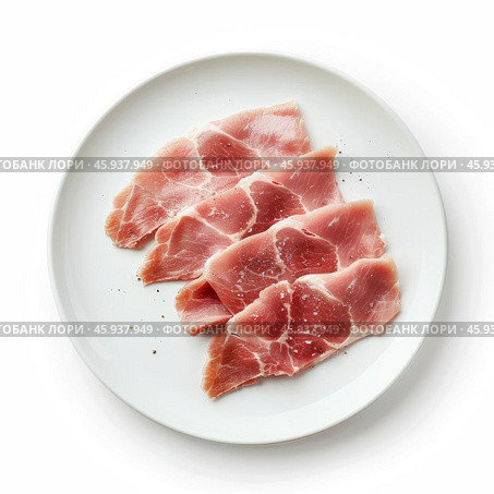 Coppa slices seasoned with salt and pepper on white plate. Стоковое AI-изображение, AI-художник Иван Рябоконь / Фотобанк Лори