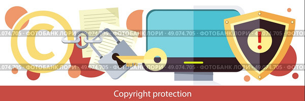 Copyright protection design flat. Copyright and protection, intellectual property, copyright symbol, patent and copyright law, piracy business, law property, secure mark license illustration. Стоковая иллюстрация, агентство Ingram Publishing / Фотобанк Лори