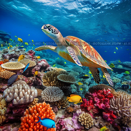 Coral reef many fishes sea turtle. Стоковое AI-изображение, AI-художник Михаил Коханчиков / Фотобанк Лори