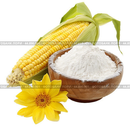 Corncob lying near wooden bowl full of flour and yellow flower. Стоковое AI-изображение, AI-художник Иван Рябоконь / Фотобанк Лори