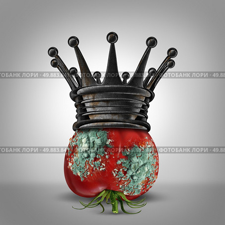 Corruption leadership concept as a roten tomato with mold wearing a rusted king crown as a business metaphor for a corrupt leader or oppressor slowly rotting away. Стоковое фото, агентство Ingram Publishing / Фотобанк Лори