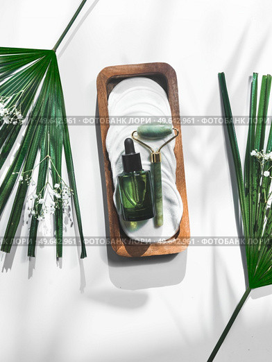 Cosmetic concept with jade massage roller and facial serum in green glass bottle at white background with tropical palm leaves. Healthy skin care with natural moisturizer. Top view with copy space. Стоковое фото, агентство Ingram Publishing / Фотобанк Лори