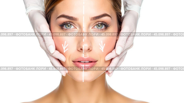 Cosmetic face treatment concept with woman face, doctor hands holding female face, white lines drawn to highlight skin lifting. Professional beauty procedure for wrinkle reduction. Стоковое AI-изображение, AI-художник Павел Муравьев / Фотобанк Лори