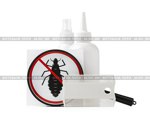 Cosmetic products and lice comb isolated on white background. Стоковое фото, фотограф Сергей Толмачёв / Фотобанк Лори