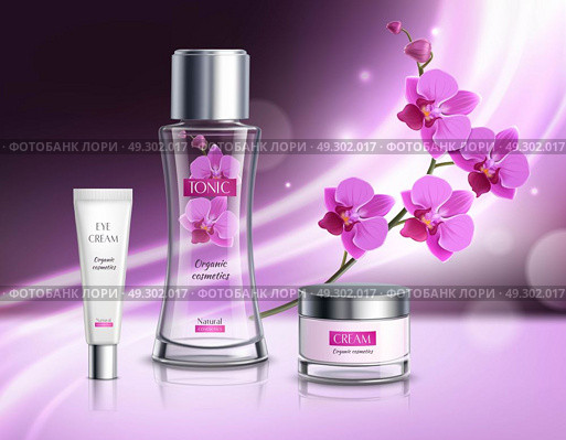 Cosmetics Products Realistic Composition Poster . Organic cosmetics skincare products realistic composition  advertisement poster with natural flowers extract  tonic vibrant violet background vector illustration. Стоковая иллюстрация, агентство Ingram Publishing / Фотобанк Лори