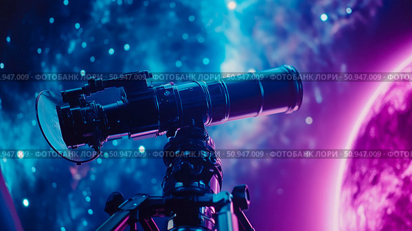 Cosmic Exploration: A telescope pointed towards a nebulous galaxy and vibrant planet. Стоковое AI-изображение, AI-художник Данила Большаков / Фотобанк Лори