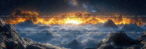 Cosmic Inferno: landscape of ethereal mountains ablaze under a starlit sky. Стоковое AI-изображение, AI-художник Данила Большаков / Фотобанк Лори
