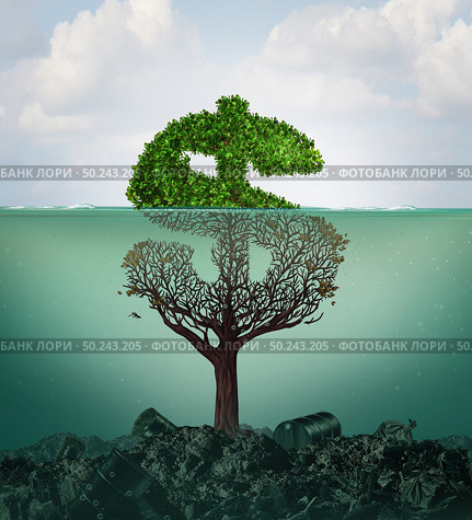Cost of pollution and financial costs of polluted water contamination with hazardous industrial waste as a tree shaped as a dollar sign underwater with the toxic liquid killing the plant with 3D illustration elements. Стоковое фото, агентство Ingram Publishing / Фотобанк Лори