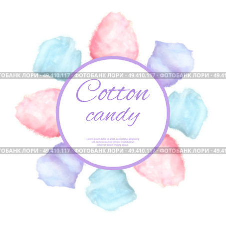 Cotton candy round button surrounded by sweet sugar glass candies on stick vector illustration with place for your text isolated on white. Cotton candy round button surround by sweet sugar. Стоковая иллюстрация, агентство Ingram Publishing / Фотобанк Лори