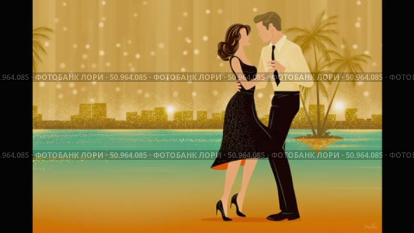 Couple dancing together in a romantic setting by the water, surrounded by palm trees and shimmering lights, creating a vibrant and enchanting atmosphere for a joyful evening. Стоковое AI-видео, аниматор Ирина Ручушкина / Фотобанк Лори