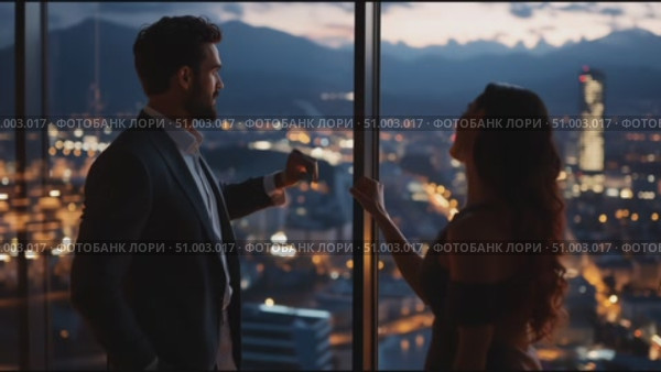 Couple enjoys a romantic moment in a high-rise building overlooking the city skyline at sunset. Стоковое AI-видео, аниматор Сергей Толмачёв / Фотобанк Лори
