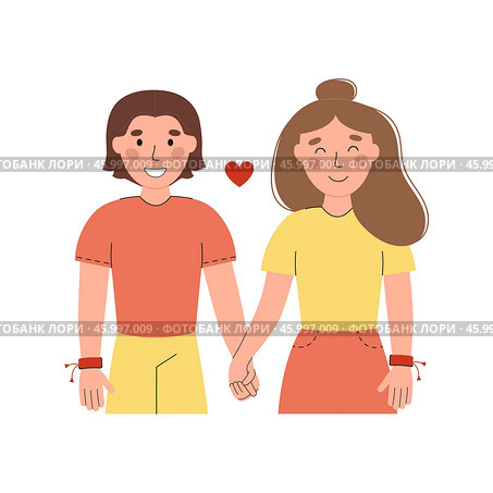 Couple holding hands in friendship bracelets vector flat illustration. International Friendship Day banner design. Happy boy and girl isolated on white background. DIY wristband for friends. Стоковая иллюстрация, иллюстратор Алина Умарова / Фотобанк Лори
